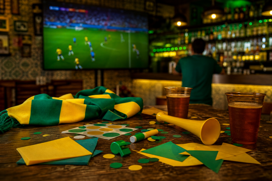 Telão exibindo jogo em bar com adereços genéricos de torcida sobre a mesa, pessoas desfocadas de costas e luzes verdes e amarelas.