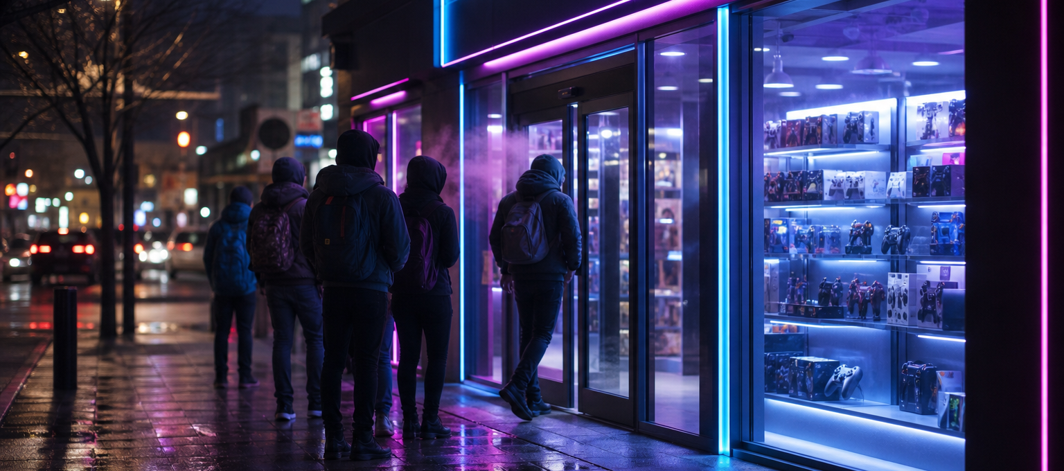 Fila noturna em frente a uma loja de games aguardando um lançamento