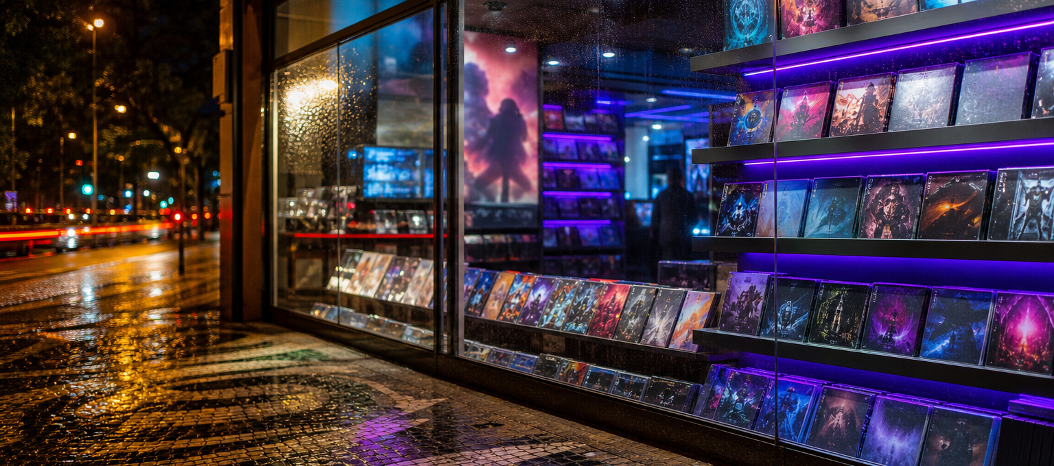 Vitrine de loja de games com prateleiras iluminadas e cartaz genérico de pré-venda, sem logos visíveis.