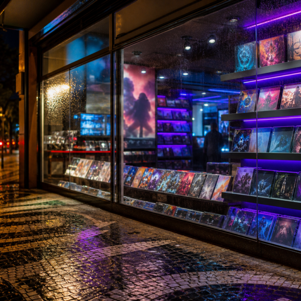 Vitrine de loja de games com prateleiras iluminadas e cartaz genérico de pré-venda, sem logos visíveis.