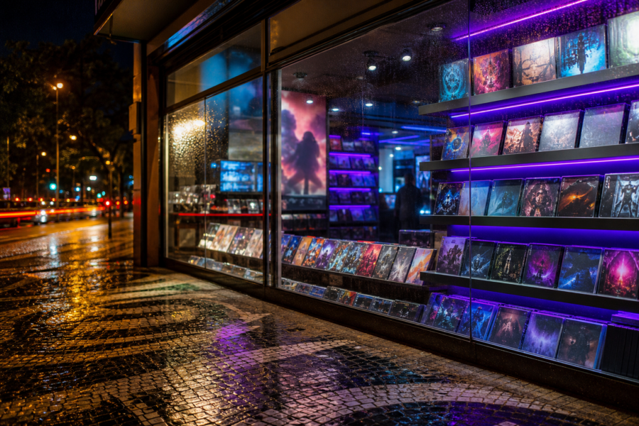 Vitrine de loja de games com prateleiras iluminadas e cartaz genérico de pré-venda, sem logos visíveis.