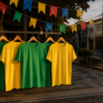 Vitrine decorada com bandeirolas de São João e camisetas verde e amarelas, sem marcas visíveis.