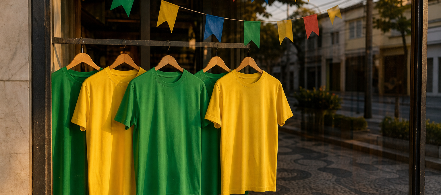 Vitrine decorada com bandeirolas de São João e camisetas verde e amarelas, sem marcas visíveis.