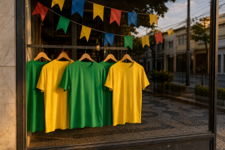 Vitrine decorada com bandeirolas de São João e camisetas verde e amarelas, sem marcas visíveis.