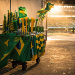 Carrinho de vendedor com itens de torcida em corredor de estádio, sugerindo consumo durante a Copa.