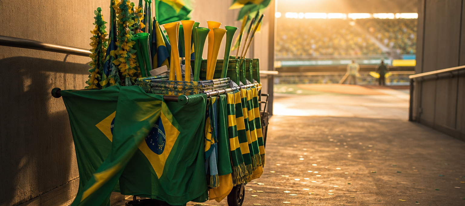 Carrinho de vendedor com itens de torcida em corredor de estádio, sugerindo consumo durante a Copa.