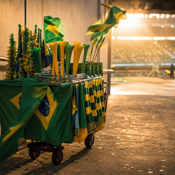 Carrinho de vendedor com itens de torcida em corredor de estádio, sugerindo consumo durante a Copa.