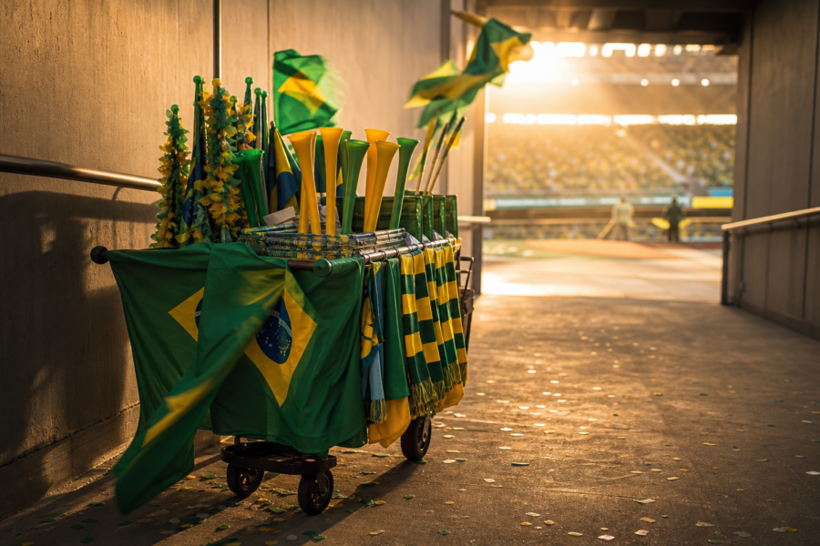 Carrinho de vendedor com itens de torcida em corredor de estádio, sugerindo consumo durante a Copa.