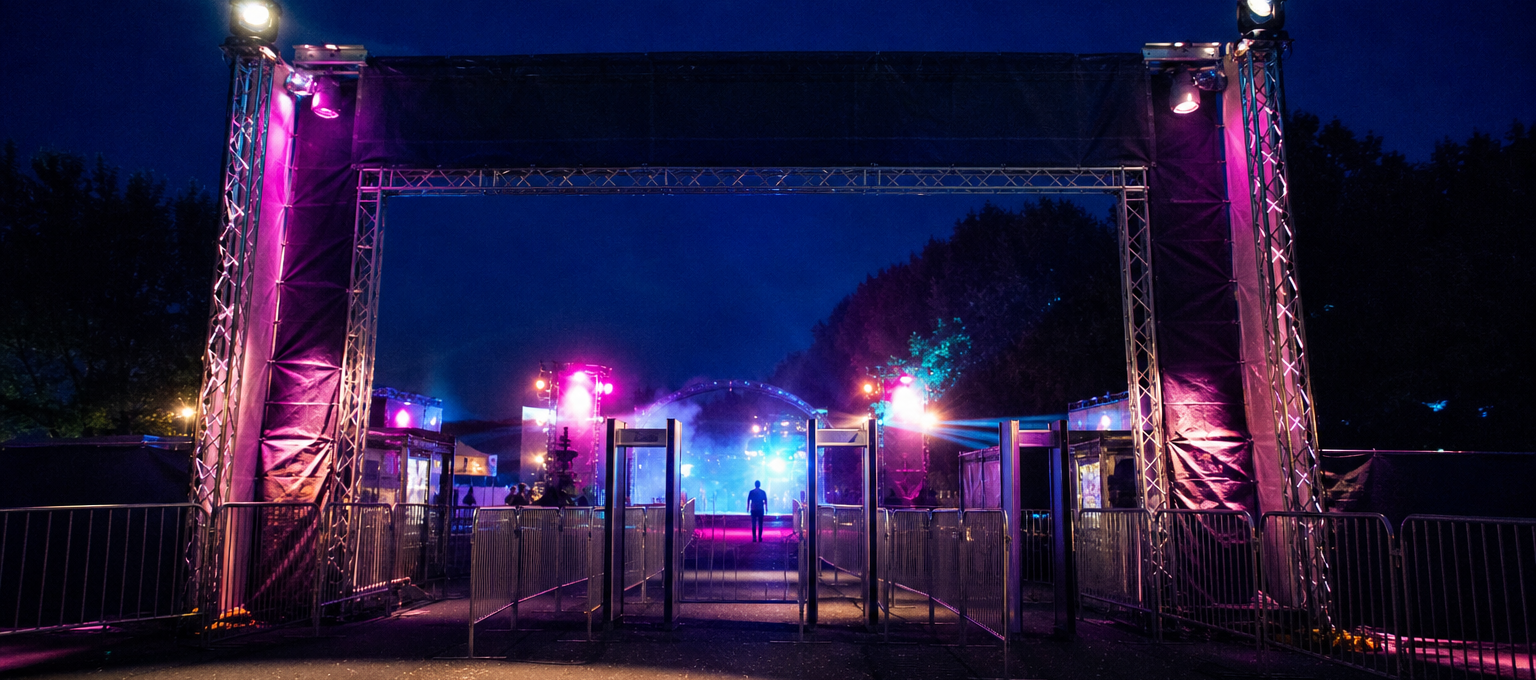 Entrada iluminada de um grande festival à noite, com torres de luz e público em silhueta distante