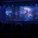 Telão exibindo trailer de videogame em auditório lotado, com público de costas sob luz azul e roxa.