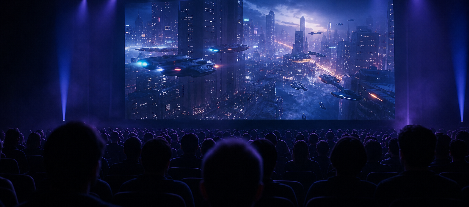 Telão exibindo trailer de videogame em auditório lotado, com público de costas sob luz azul e roxa.
