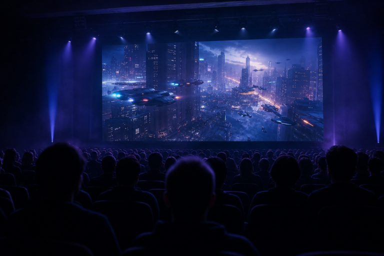 Telão exibindo trailer de videogame em auditório lotado, com público de costas sob luz azul e roxa.