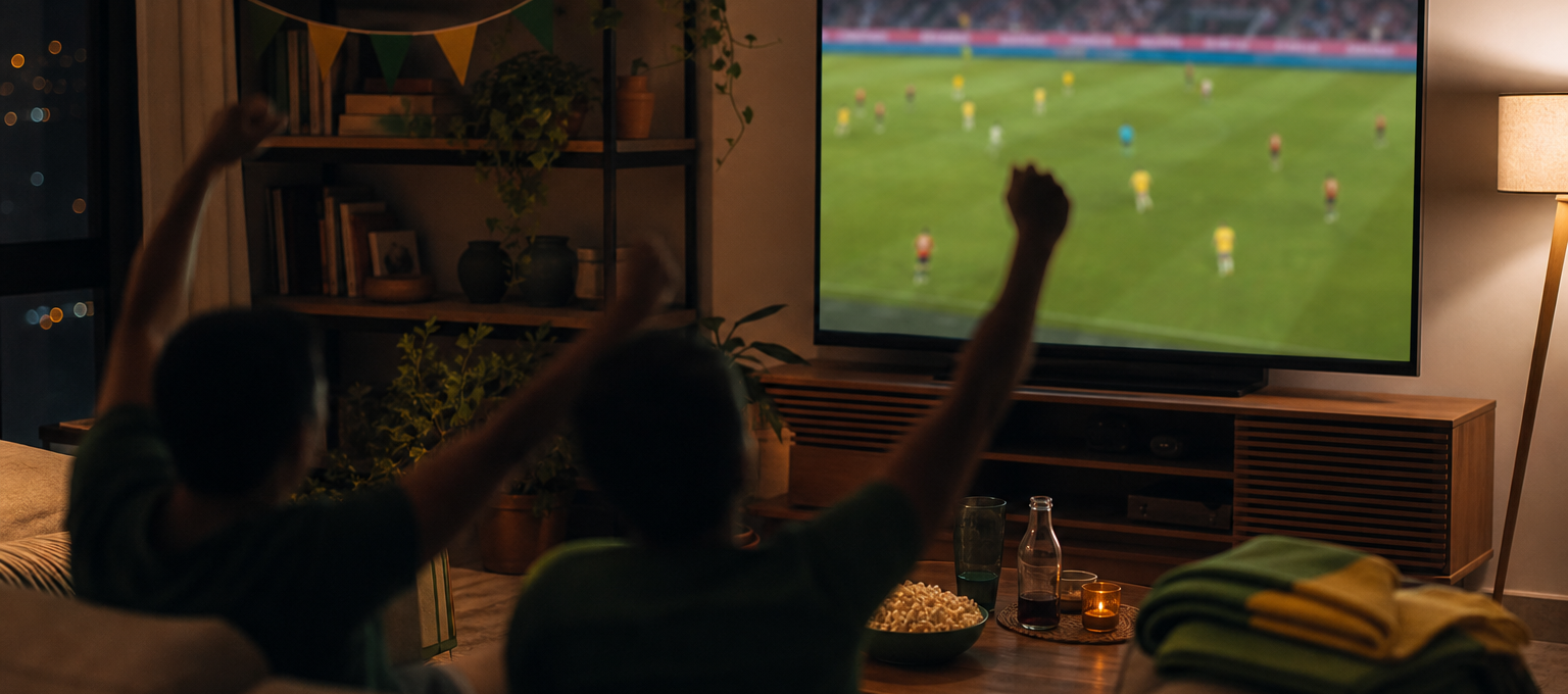 Sala de estar com TV gigante transmitindo futebol e torcida vista de costas