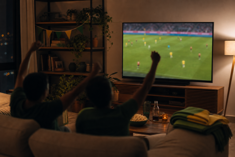 Sala de estar com TV gigante transmitindo futebol e torcida vista de costas