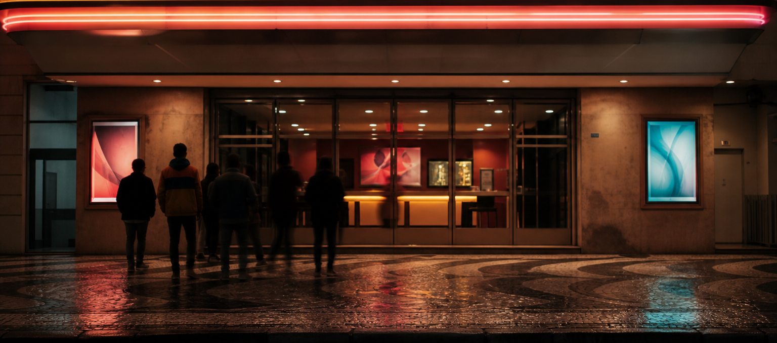 Fachada de cinema à noite com cartazes genéricos e fila discreta na calçada.