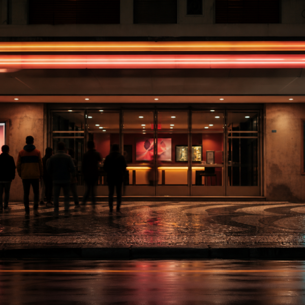 Fachada de cinema à noite com cartazes genéricos e fila discreta na calçada.