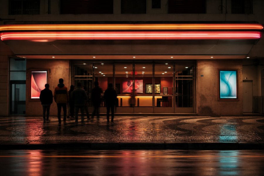 Fachada de cinema à noite com cartazes genéricos e fila discreta na calçada.