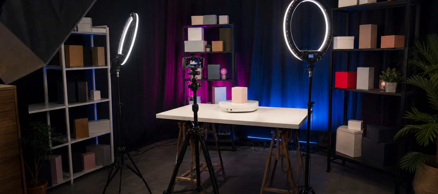 Bastidores de live commerce com ring lights, trips e caixas de produtos annimos em estdio simples