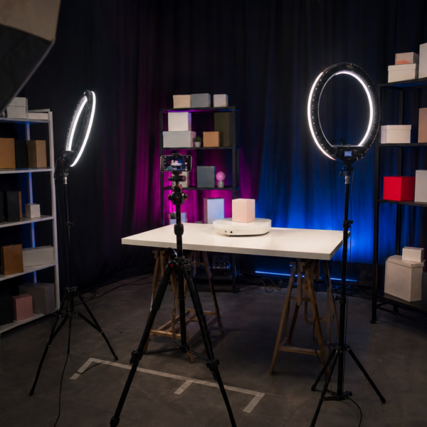 Bastidores de live commerce com ring lights, trips e caixas de produtos annimos em estdio simples