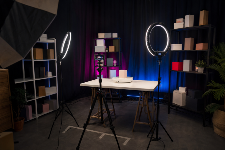 Bastidores de live commerce com ring lights, trips e caixas de produtos annimos em estdio simples