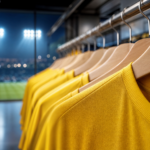 Gola de camisa amarela genérica em loja esportiva, com luz de estádio ao fundo.