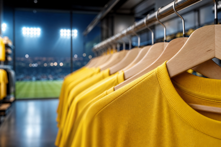 Gola de camisa amarela genérica em loja esportiva, com luz de estádio ao fundo.