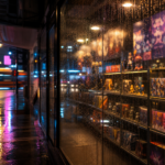 Vitrine de loja de cultura pop com pôsteres de anime desfocados e reflexos de néon.
