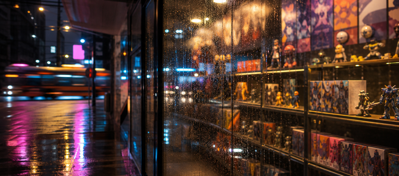 Vitrine de loja de cultura pop com pôsteres de anime desfocados e reflexos de néon.