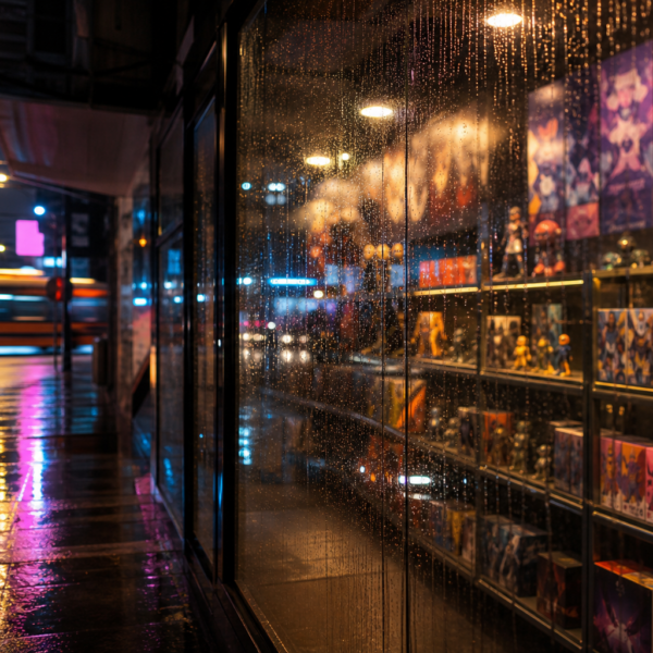 Vitrine de loja de cultura pop com pôsteres de anime desfocados e reflexos de néon.