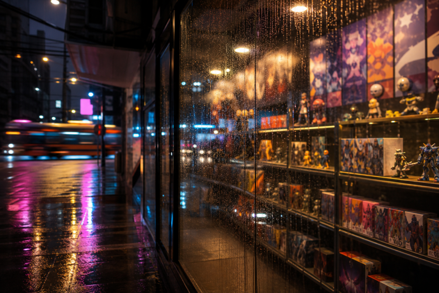 Vitrine de loja de cultura pop com pôsteres de anime desfocados e reflexos de néon.