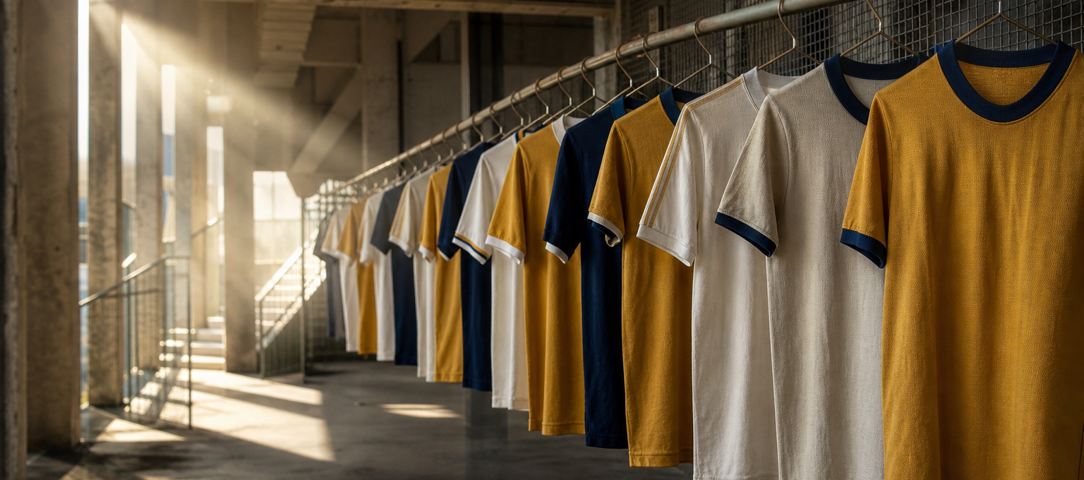 Corredor de estádio com camisas retrô penduradas em grade, luz de fim de tarde e arquibancada ao fundo.