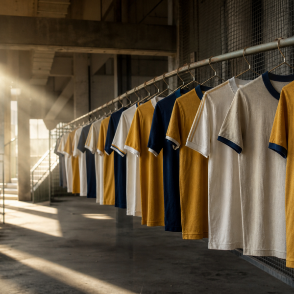 Corredor de estádio com camisas retrô penduradas em grade, luz de fim de tarde e arquibancada ao fundo.