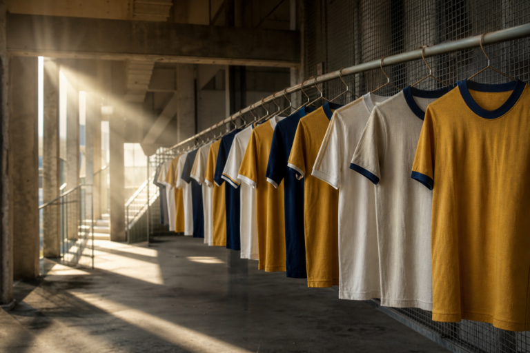 Corredor de estádio com camisas retrô penduradas em grade, luz de fim de tarde e arquibancada ao fundo.