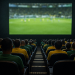 Sala de cinema lotada assistindo a uma partida de futebol em telão, clima de arquibancada.