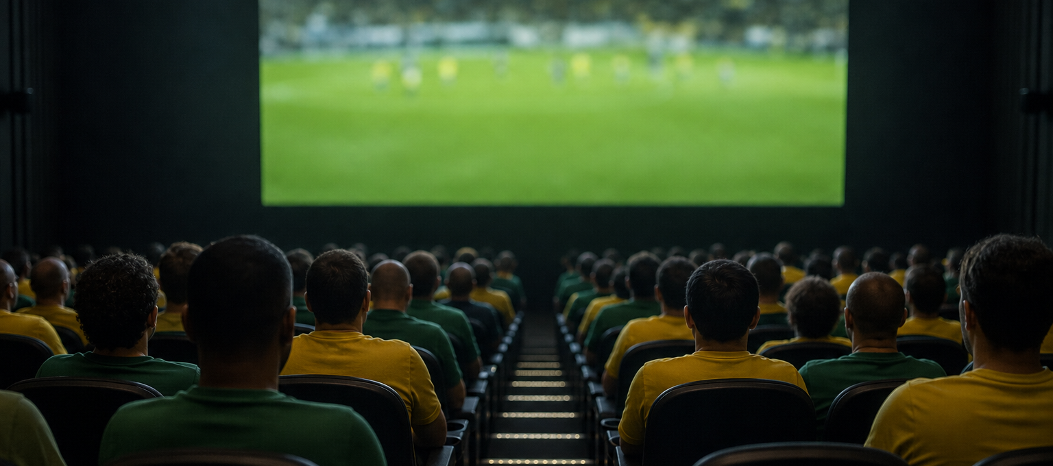 Sala de cinema lotada assistindo a uma partida de futebol em telão, clima de arquibancada.