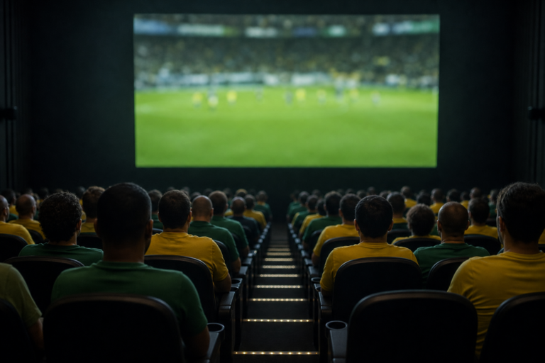 Sala de cinema lotada assistindo a uma partida de futebol em telão, clima de arquibancada.