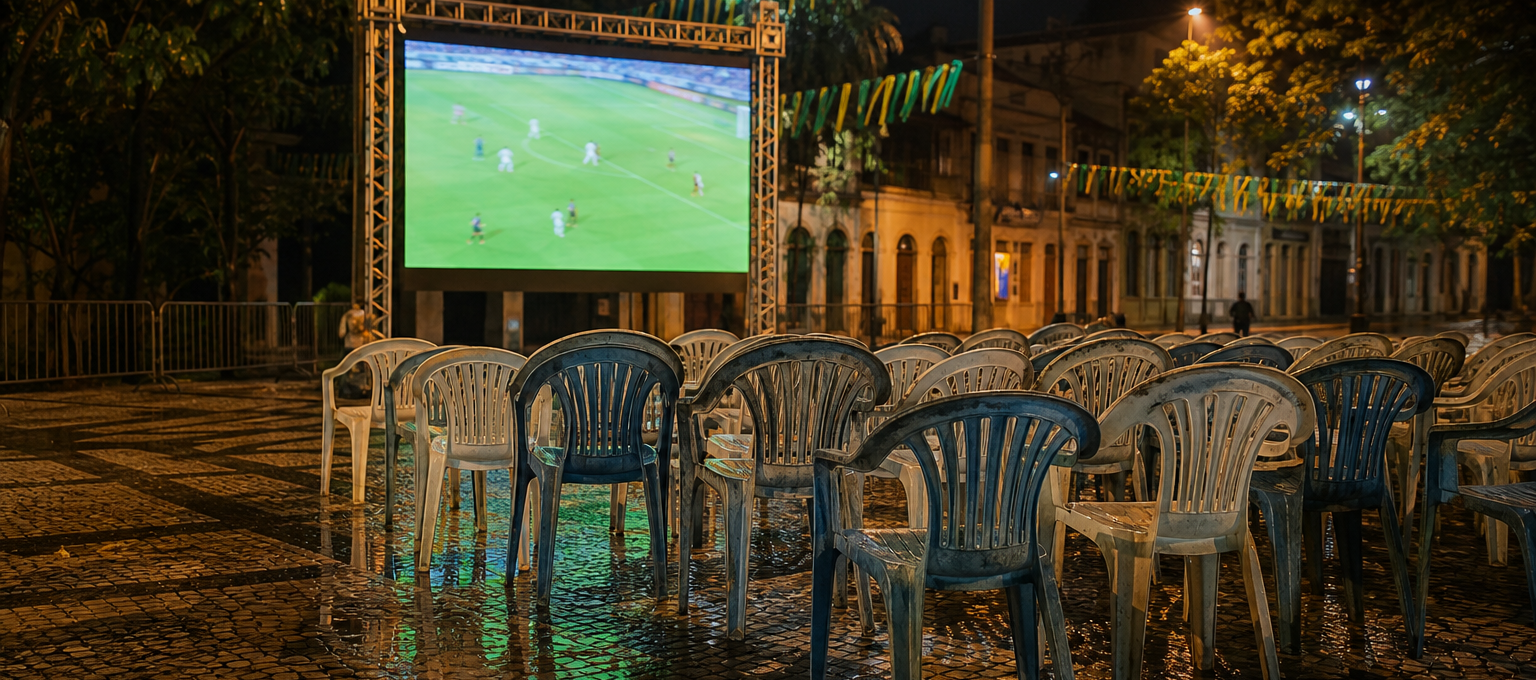 Telão em praça brasileira exibindo jogo da Copa com torcida e bandeiras ao fundo