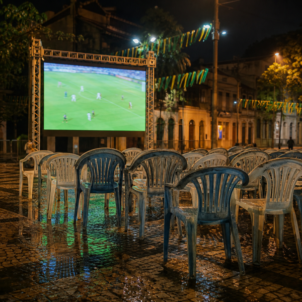 Telão em praça brasileira exibindo jogo da Copa com torcida e bandeiras ao fundo