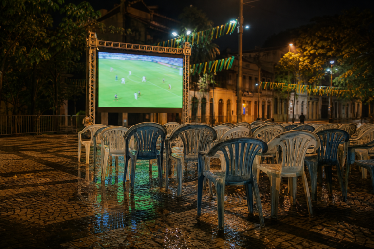 Telão em praça brasileira exibindo jogo da Copa com torcida e bandeiras ao fundo