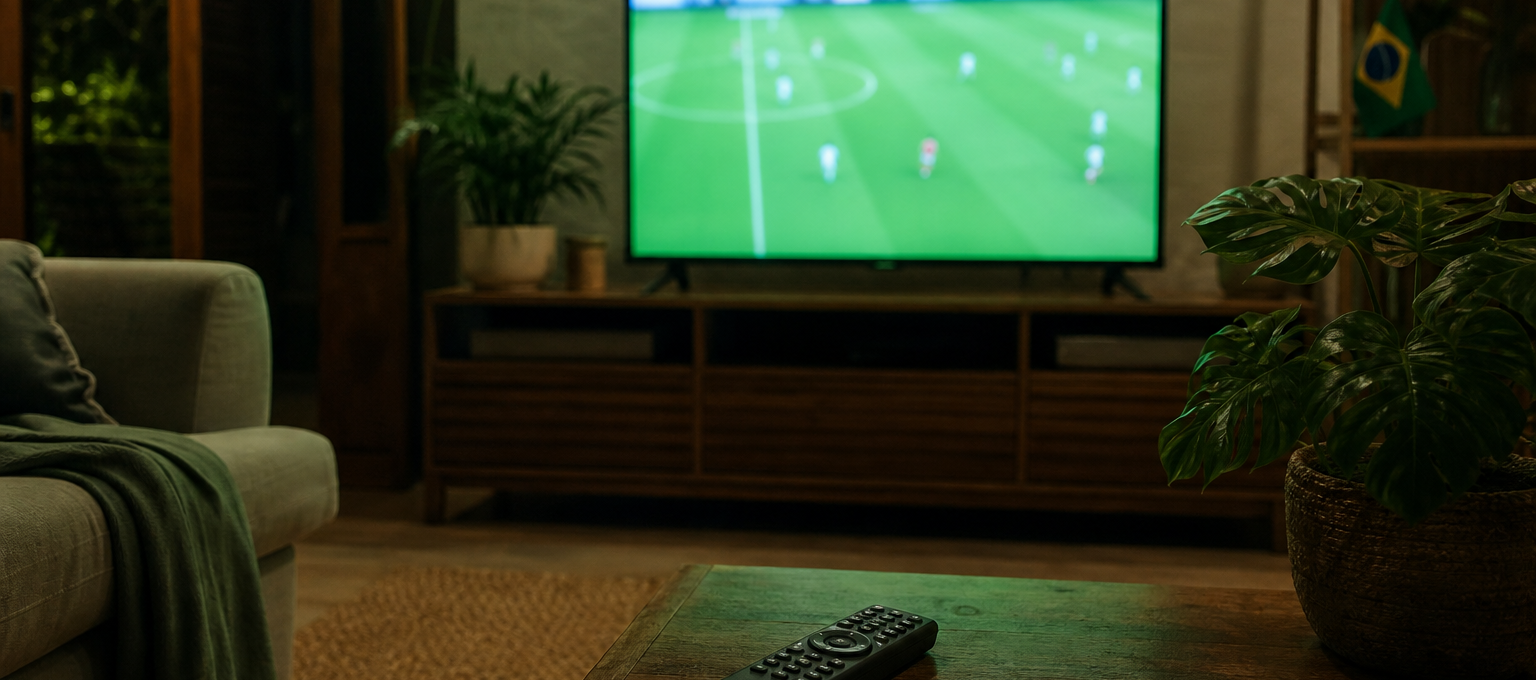 Sala de estar iluminada pela transmissão de futebol em TV 4K, com bandeirinha do Brasil e sem marcas visíveis.