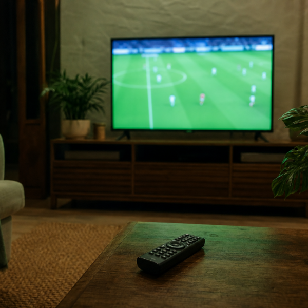 Sala de estar iluminada pela transmissão de futebol em TV 4K, com bandeirinha do Brasil e sem marcas visíveis.