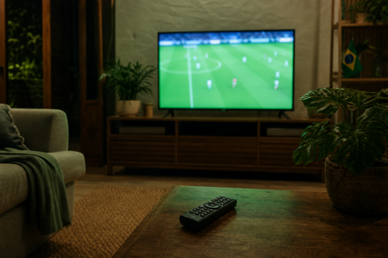Sala de estar iluminada pela transmissão de futebol em TV 4K, com bandeirinha do Brasil e sem marcas visíveis.