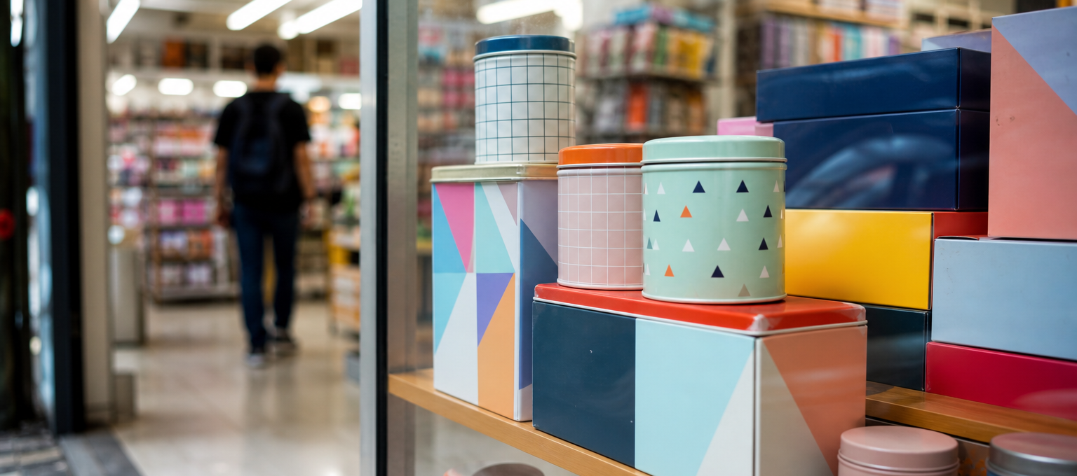 Prateleiras de papelaria com latas e cards colecionáveis genéricos expostos, em close amplo, sem logos visíveis.