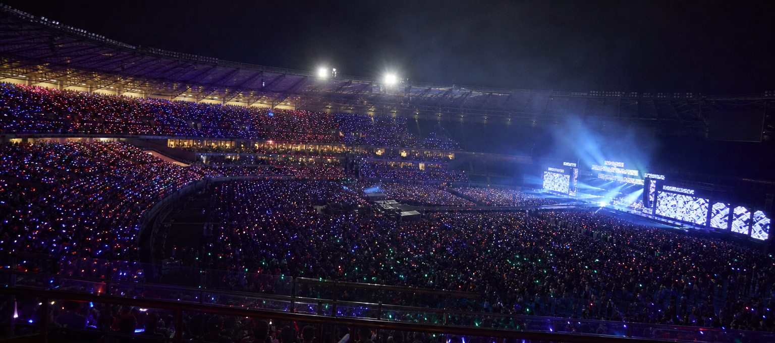Arquibancadas iluminadas por lightsticks em noite de show no Brasil, com palco ao fundo.