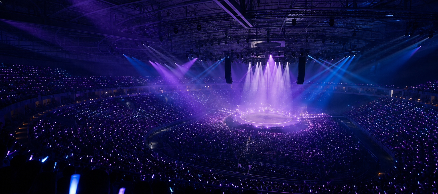 Arena lotada com luzes roxas, palco circular ao centro e público com bastões de luz durante uma estreia ao vivo.
