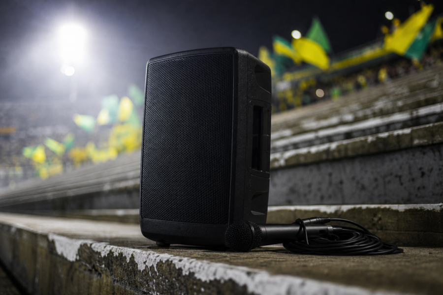 Arquibancada com bandeiras ao fundo e caixa de som apoiada no degrau, luzes de estádio ao anoitecer
