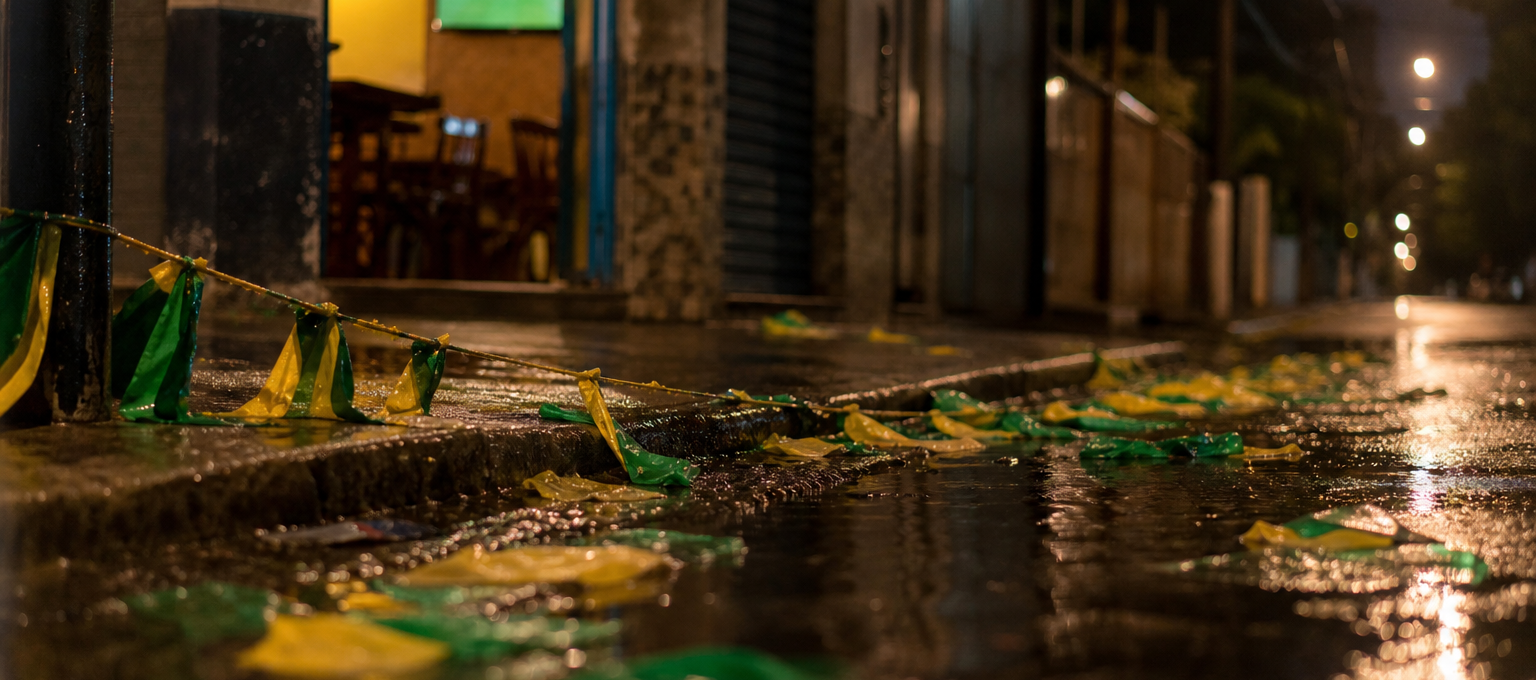 Bandeirinhas do Brasil no chão molhado de uma rua após jogo, TV ao fundo desfocada com gramado.
