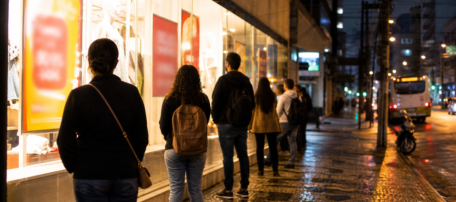 Vitrine iluminada e fila discreta na calçada durante grande promoção, sem marcas visíveis.