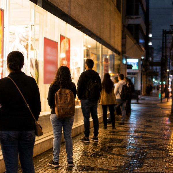 Vitrine iluminada e fila discreta na calçada durante grande promoção, sem marcas visíveis.