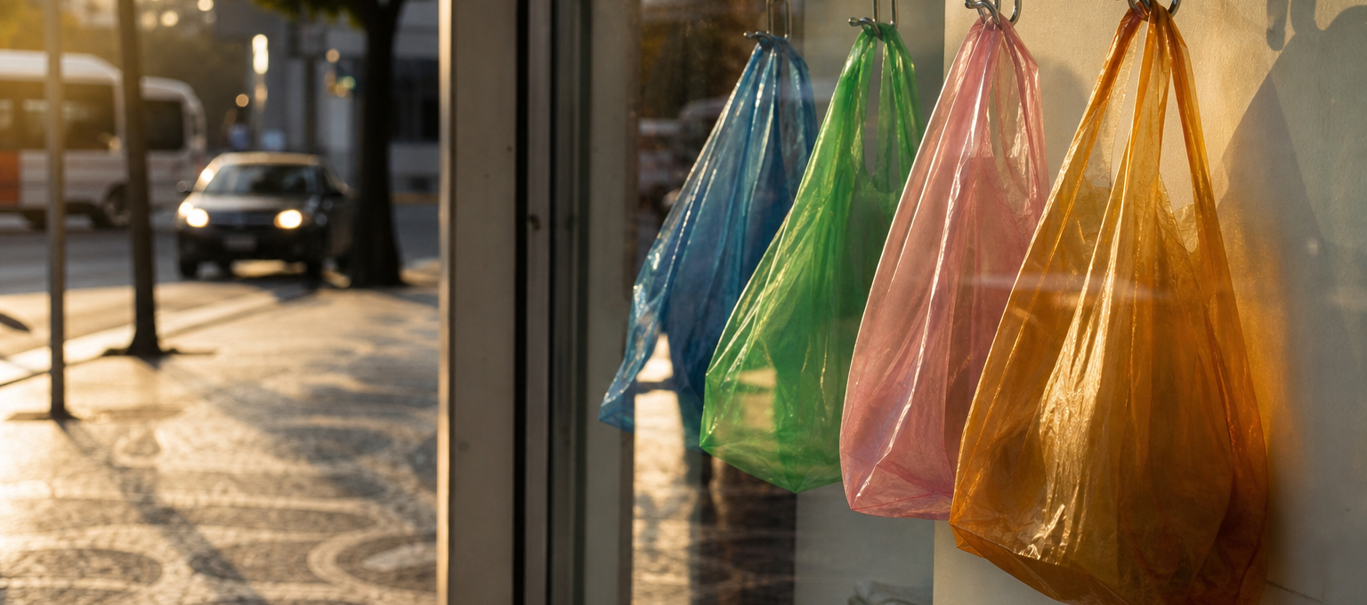 Vitrine com bolsas jelly translúcidas e coloridas iluminadas pela luz da tarde.